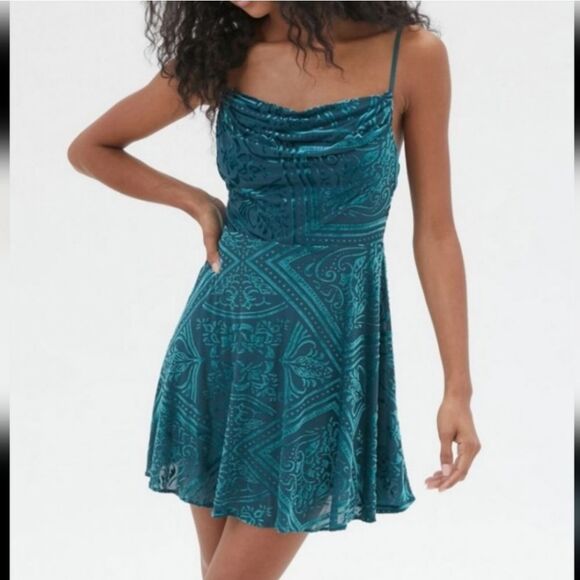 Urban Outfitters NWT UO Lexi Dress Mini Teal Turquoise‎ Velvel Burnout Size XS - Picture 2 of 9
